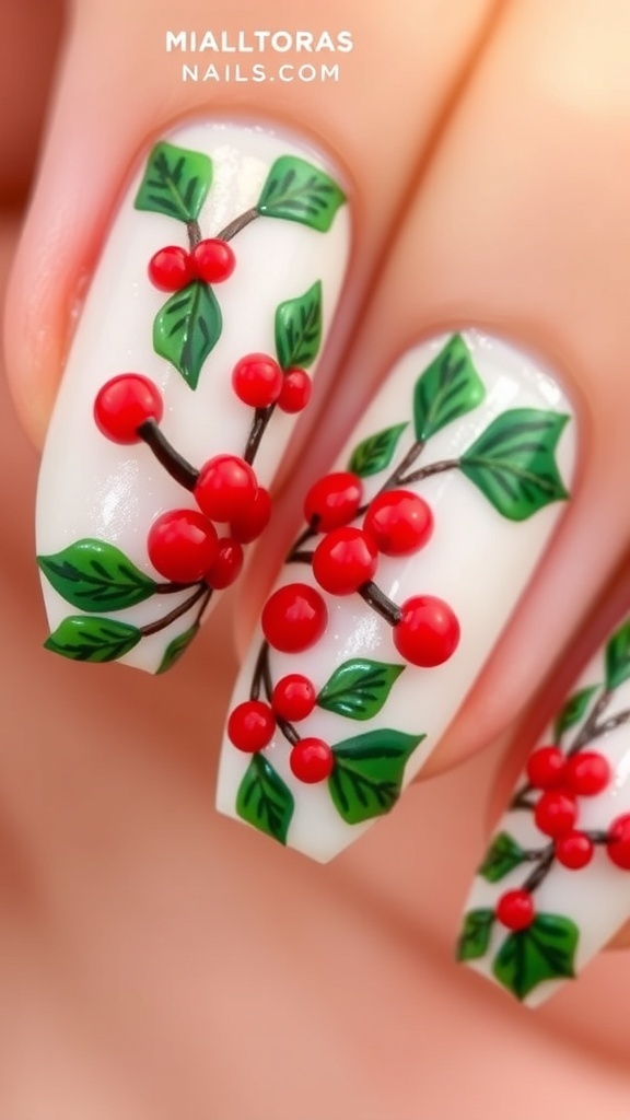 Close-up of Christmas nail art with mistletoe design in green and red.